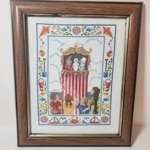 Vintage Punch and Judy Puppet Show Cross Stitch Framed Art Beach Nautical Decor